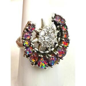 NEW Genuine Fire Opal Moon & Night Sky Adjustable Ring | Sterling Silver .925